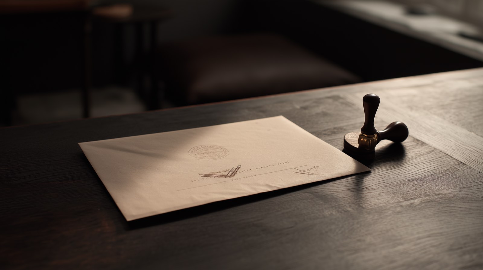 a paper certificate and a stamp on a dark desk