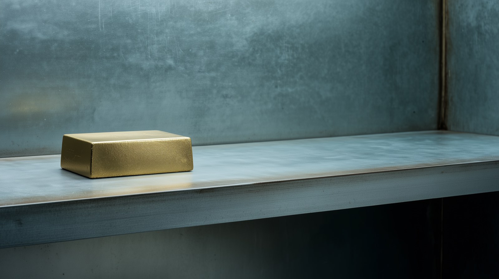 one gold bar on a steel shelf