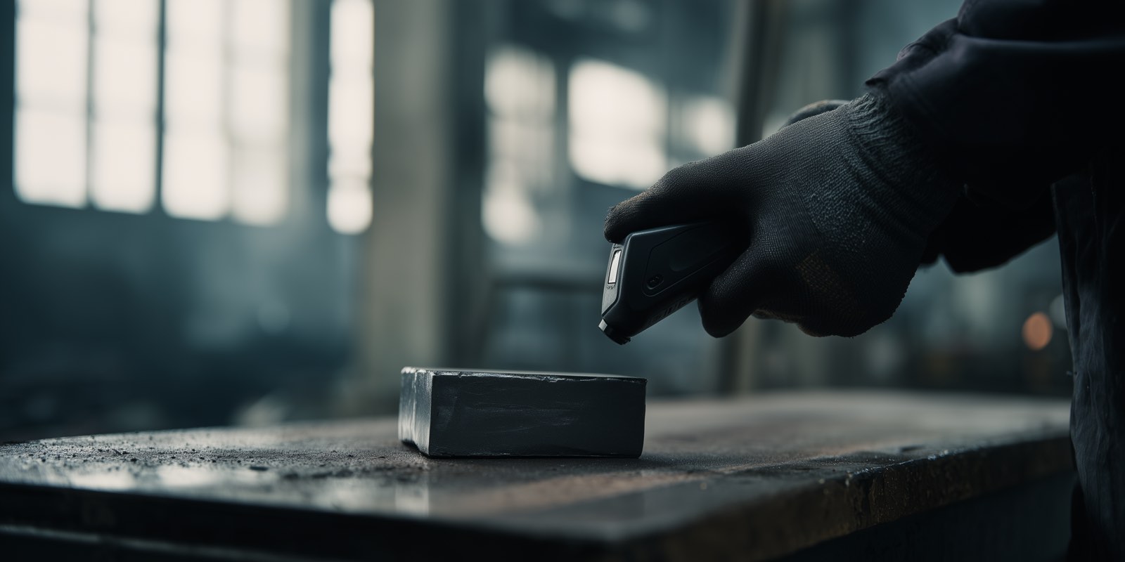 a gloved hand placing a bar on a bench