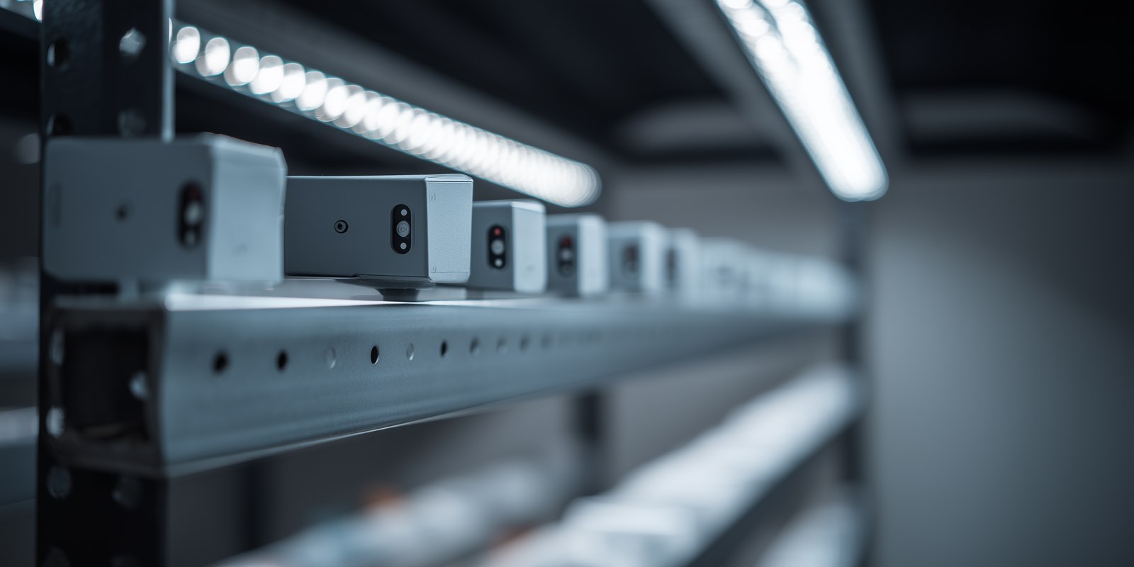 sensor modules along a steel shelf rail